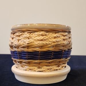 Vietnamese woven Basket Planter with Blue Accent